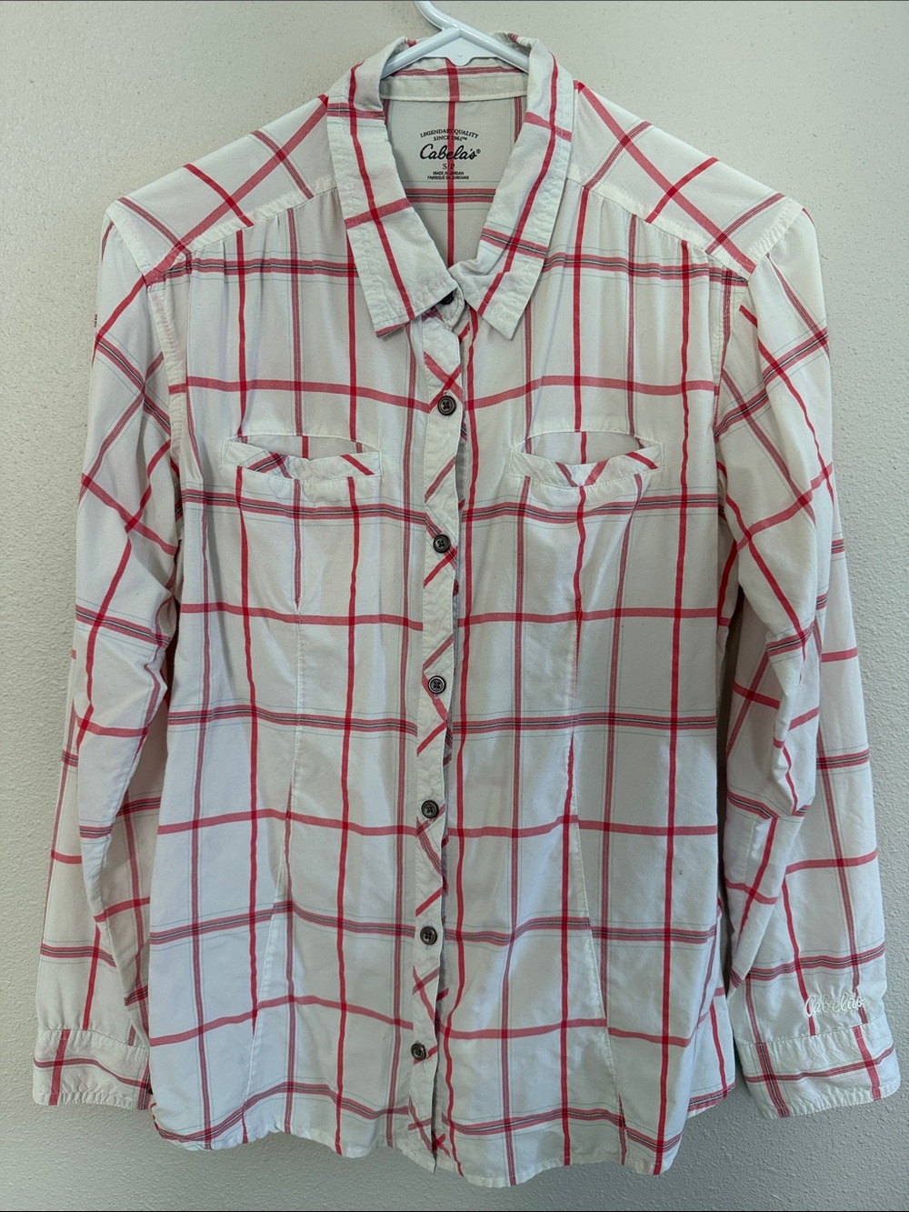 Cabela's White Button-Down Shirt with Red Windowpane Plaid